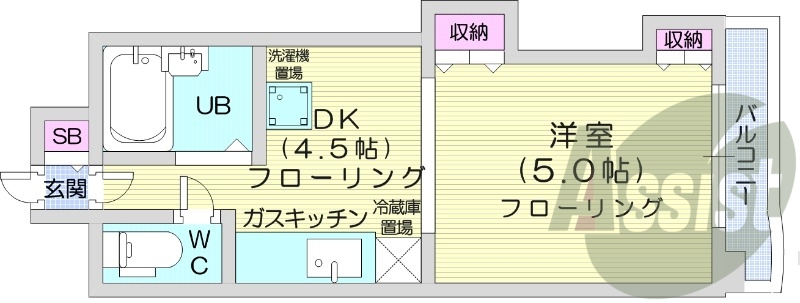 １DK、シャワートイレ、ガスFF暖房
