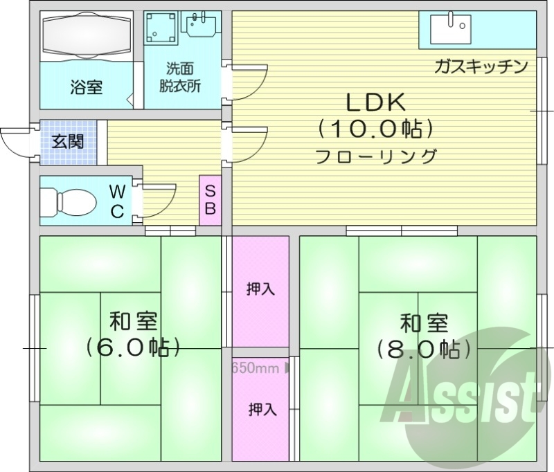 2LDK、バストイレ別、独立洗面台、ガス給湯