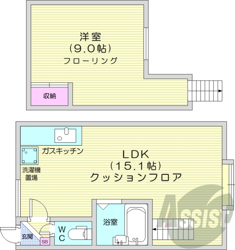 １LDK、メゾネット、バストイレ別、灯油FF暖房