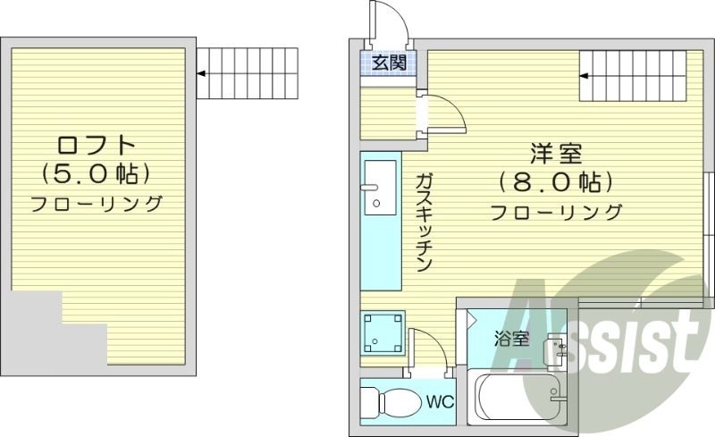 1R、角部屋、バストイレ別、ロフト、灯油FF暖房