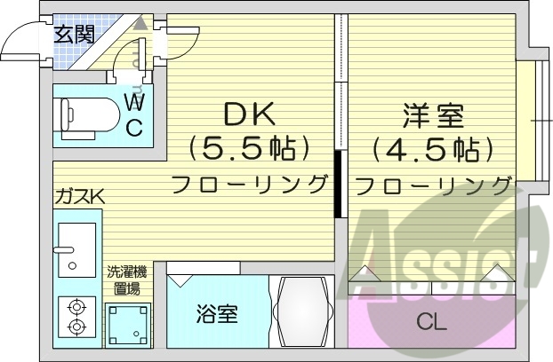 1DK、灯油FF暖房、バストイレ別、角部屋