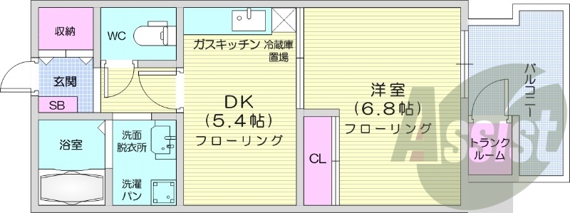 1DK、クローゼット、シャンプードレッサー、ウォシュレット