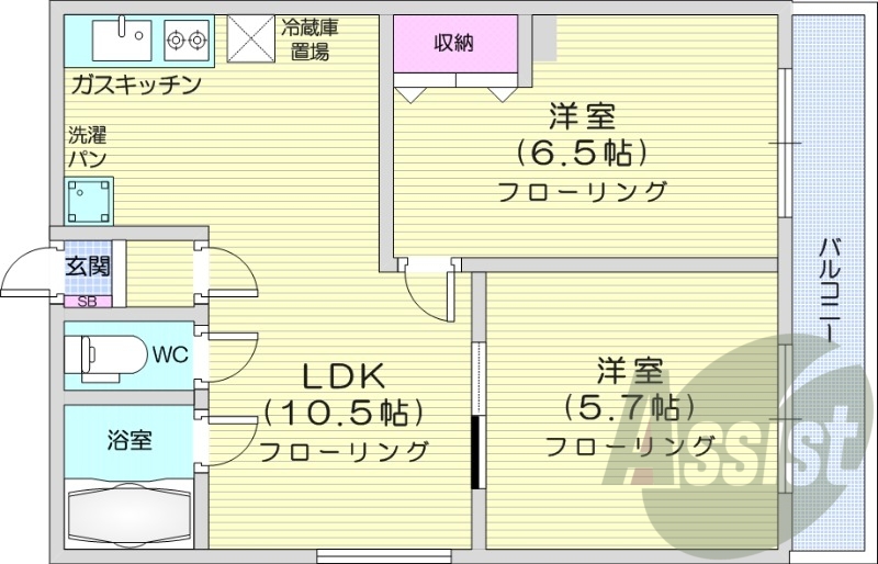 2LDK、バストイレ別、独立洗面台、灯油FF暖房