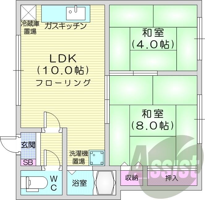 2LDK、灯油FF暖房、最上階、シャワートイレ
