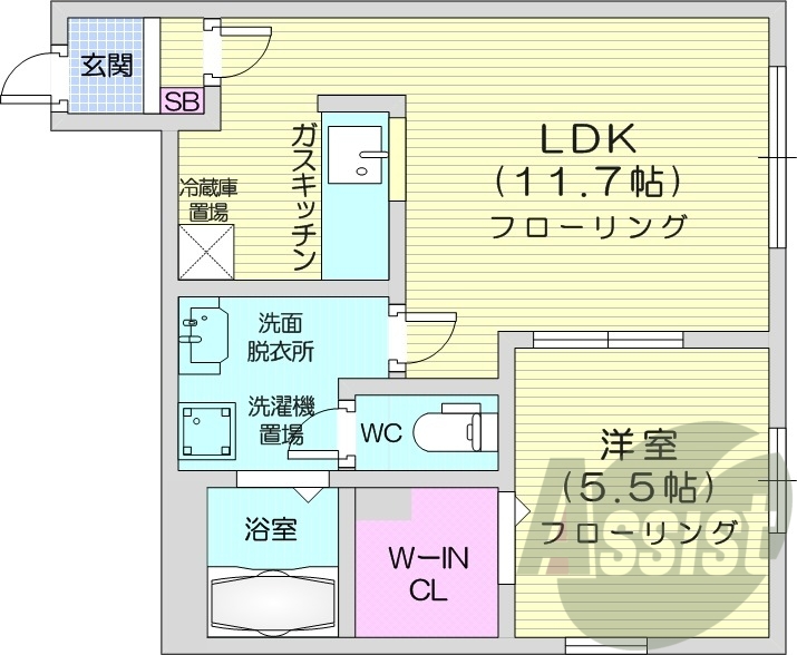 1LDK、バストイレ別、独立洗面台、ウォークインクローゼット