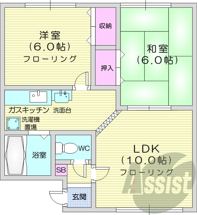 2LDK、バストイレ別、収納、押入、シューズボックス