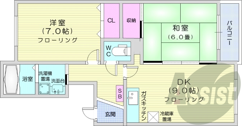 2LDK、独立洗面台、バルコニー、バス・トイレ別
