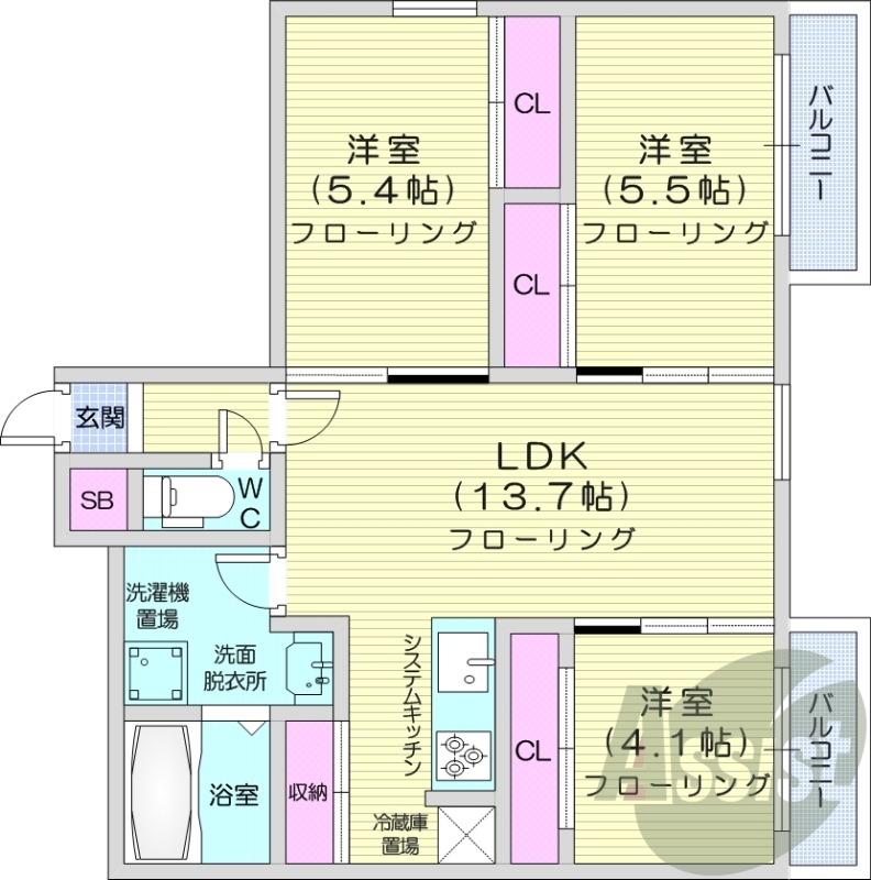 3LDK、バストイレ別、エアコン、ガスFF暖房