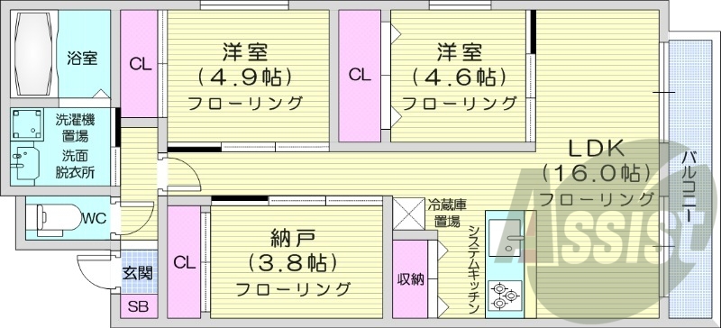 2LDK、都市ガス、システムキッチン、エアコン、パントリー
