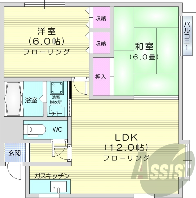 2LDK、角部屋、都市ガス、バストイレ別、インターホン