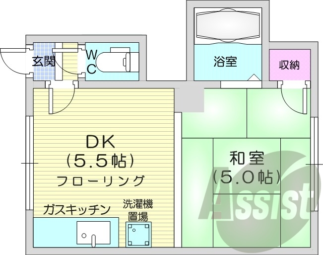 1DK、押入、バストイレ別、ガスキッチン、洗濯機置場