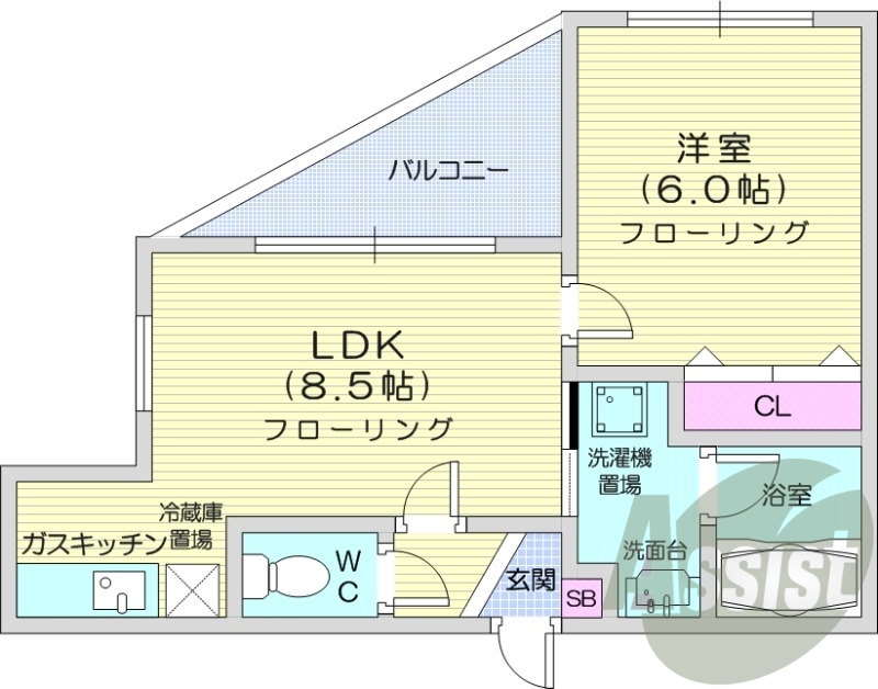 1LDK、角部屋、バストイレ別、シャンプードレッサー