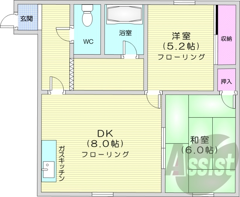 2DK、角部屋、ペット対応、バストイレ別