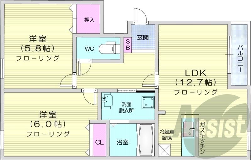 2LDK、角部屋、バストイレ別、独立洗面台、ウォシュレット