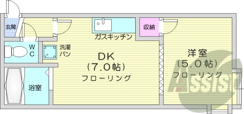 1DK、角部屋、バストイレ別、灯油FF暖房