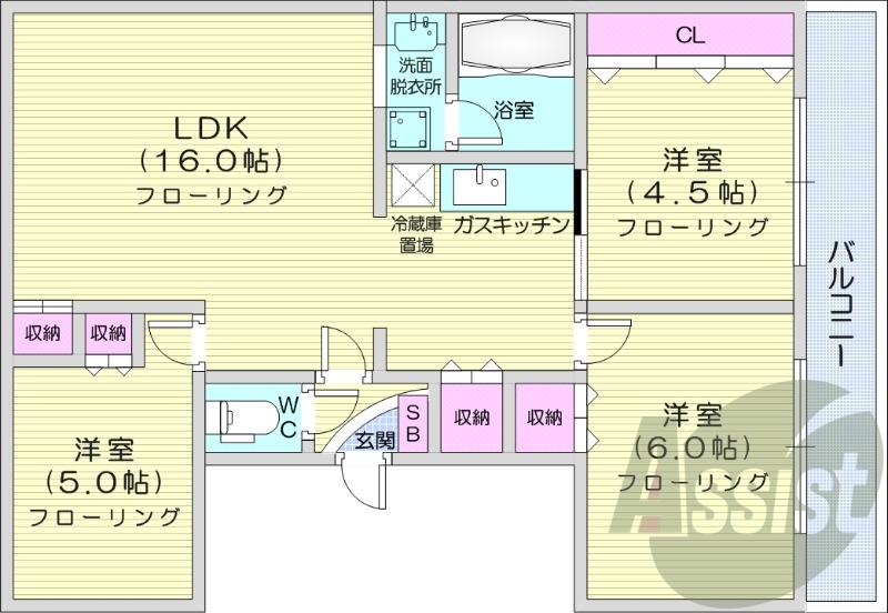 3LDK、都市ガス、ケーブルテレビ、角部屋