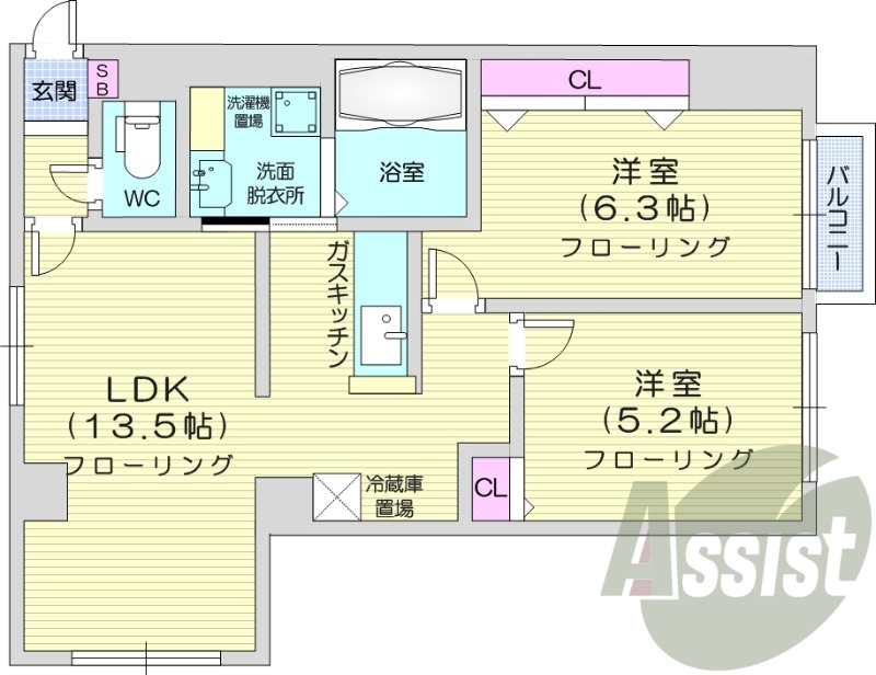 2LDK、洗面脱衣所、クローゼット2か所、バルコニー