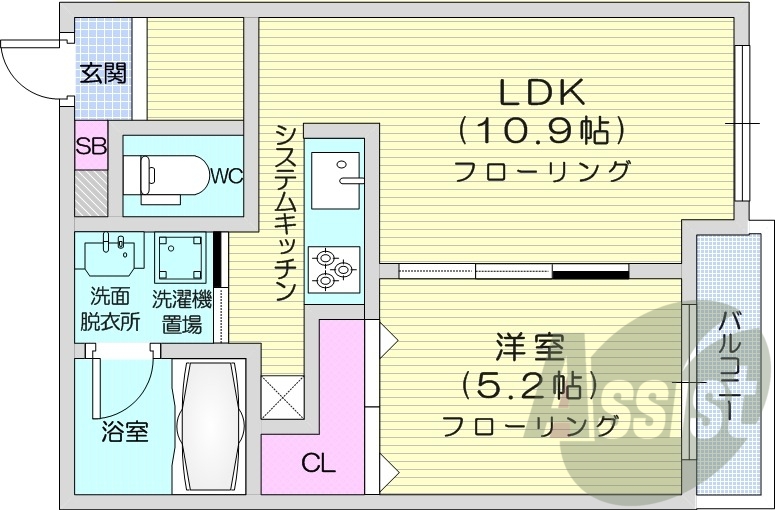 1LDK、オートロック、エアコン、システムキッチン