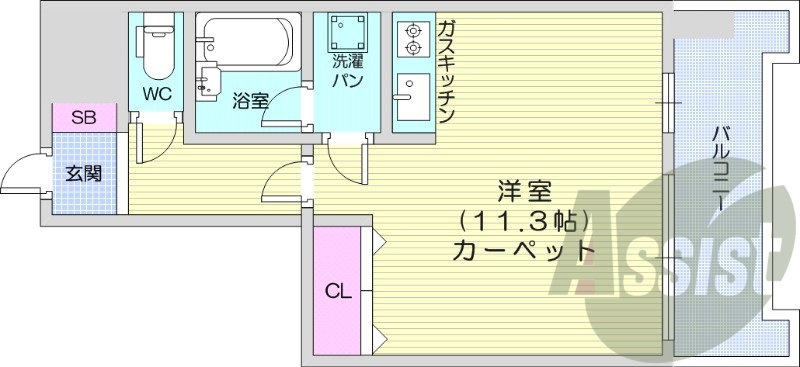 1R、バストイレ別、システムガスキッチン、クローゼット