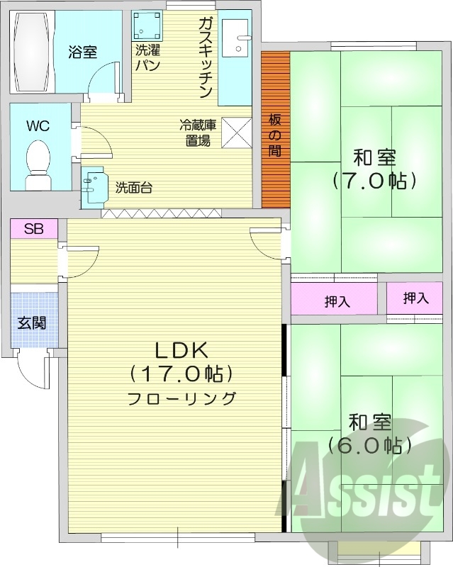 2LDK、駐車場無料、灯油ボイラー、灯油暖房