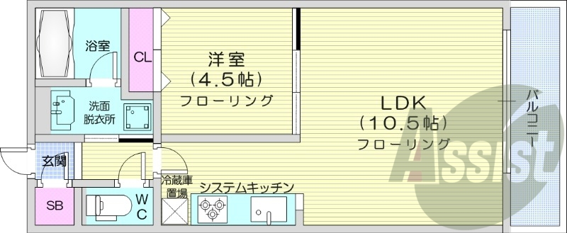 1LDK、角部屋、都市ガス、システムキッチン、ガスFF暖房