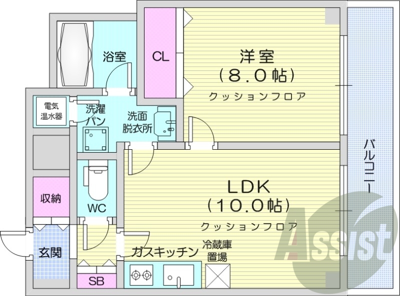 1LDK、オートロック、都市ガス、電気給湯