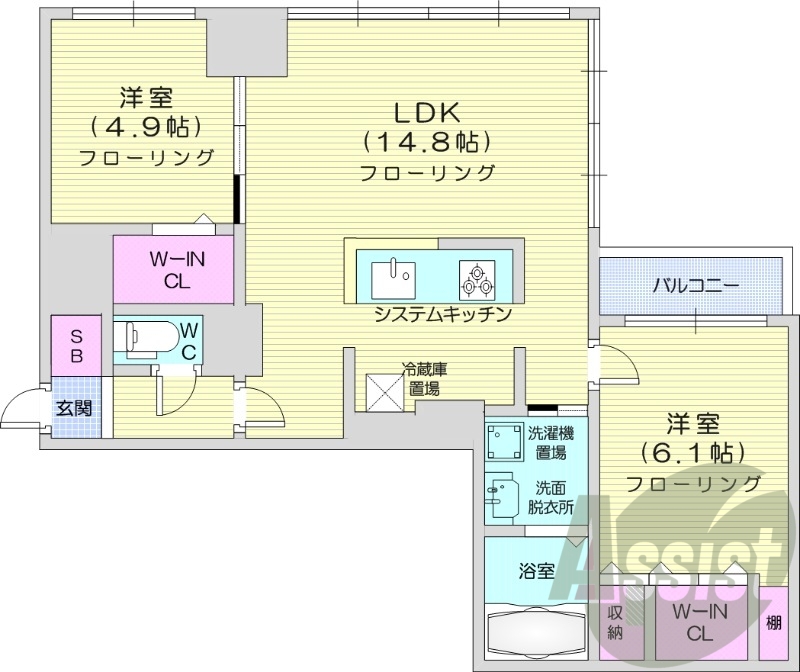 2LDK、ウォークインクローゼット、洗面脱衣所