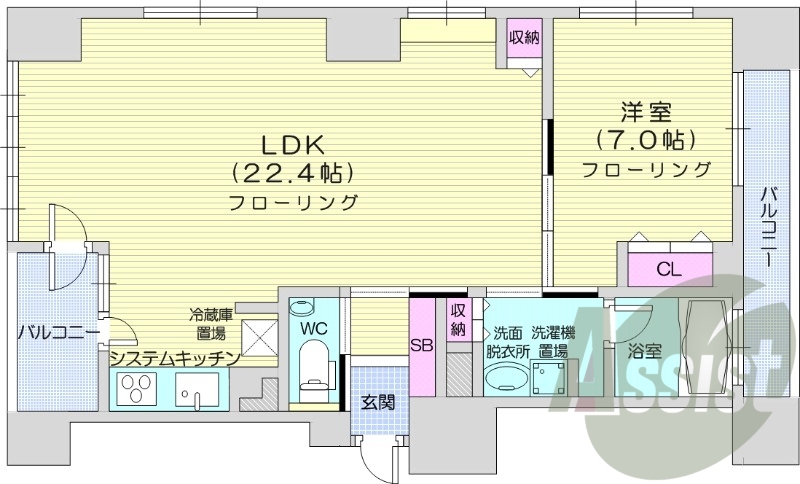 1LDK、2面バルコニー、クローゼット、都市ガス物件