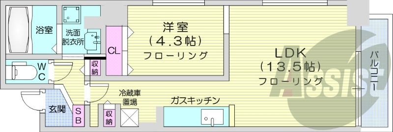 1LDK、角部屋、オートロック、風呂トイレ別