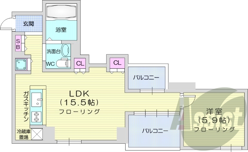 1LDK、都市ガス、システムキッチン、灯油FF暖房