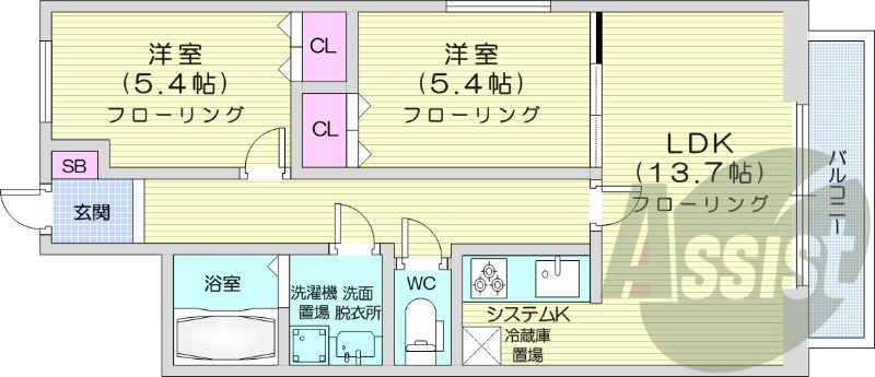 2LDK、オートロック、都市ガス、駐車場確定であり