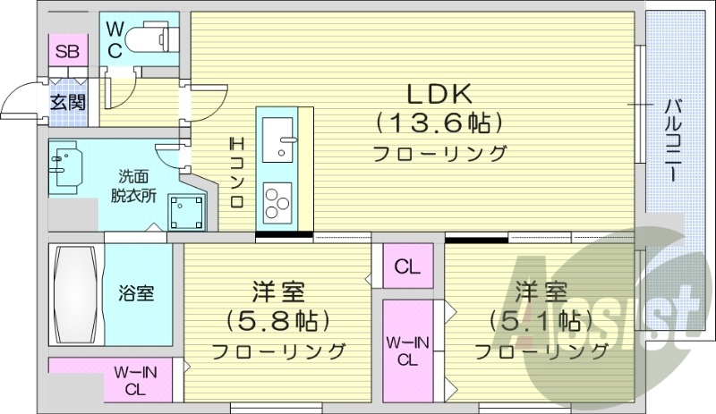 2LDK、オール電化、オートロック、最上階、角部屋、エアコン