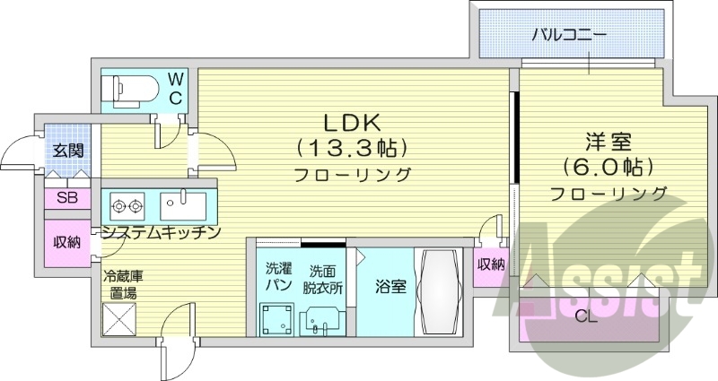 1LDK、クローゼット、システムキッチン