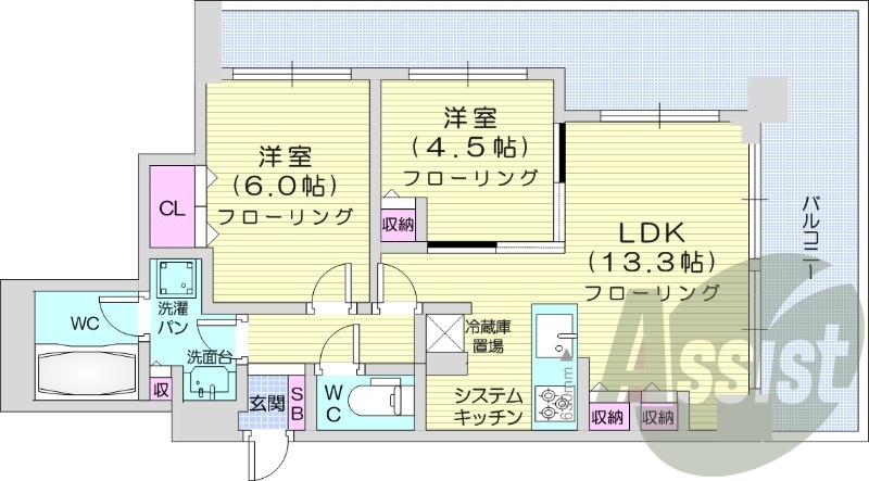 2LDK、都市ガス、バストイレ別、エアコン