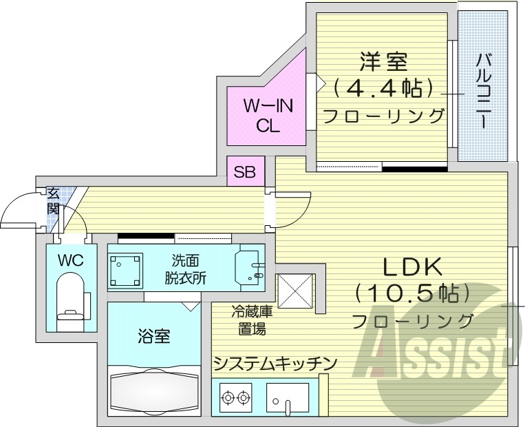 1LDK、オートロック、都市ガス、ネット使用料無料