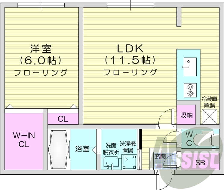 1LDK、エアコン、システムキッチン、シャンドレ