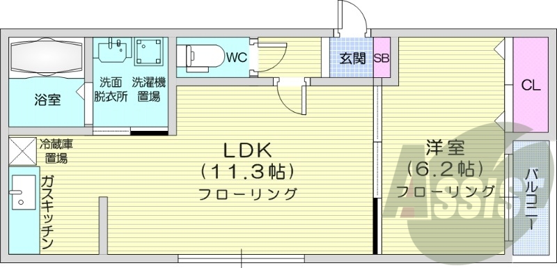 1LDK、バストイレ別、ペット可、光ファイバー