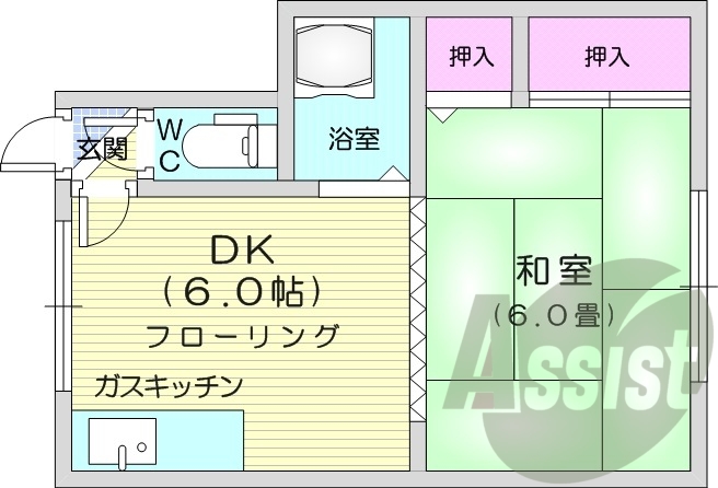 1DK、バス・トイレ別、ウォシュレット、ガスFF暖房