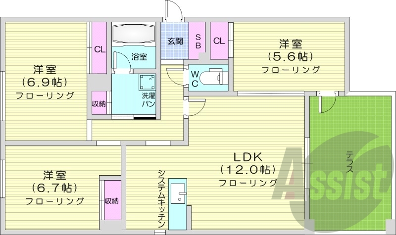 3LDK、エアコン、システムキッチン、都市ガス、宅配BOX