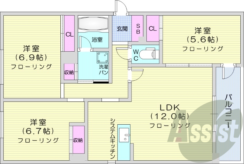 3LDK、エアコン、システムキッチン、都市ガス、宅配BOX