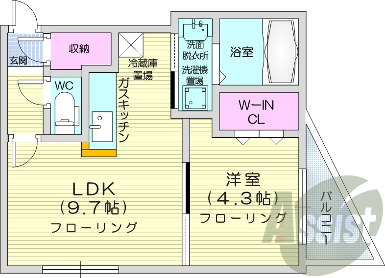 1LDK、角部屋、エアコン、灯油暖房、ネット無料