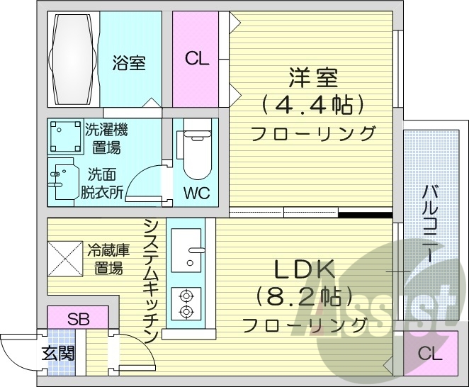1LDK、システムキッチン、エアコン、ネット無料