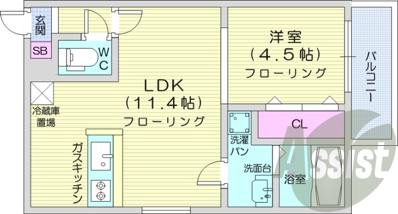 1LDK、エアコン、システムキッチン、都市ガス
