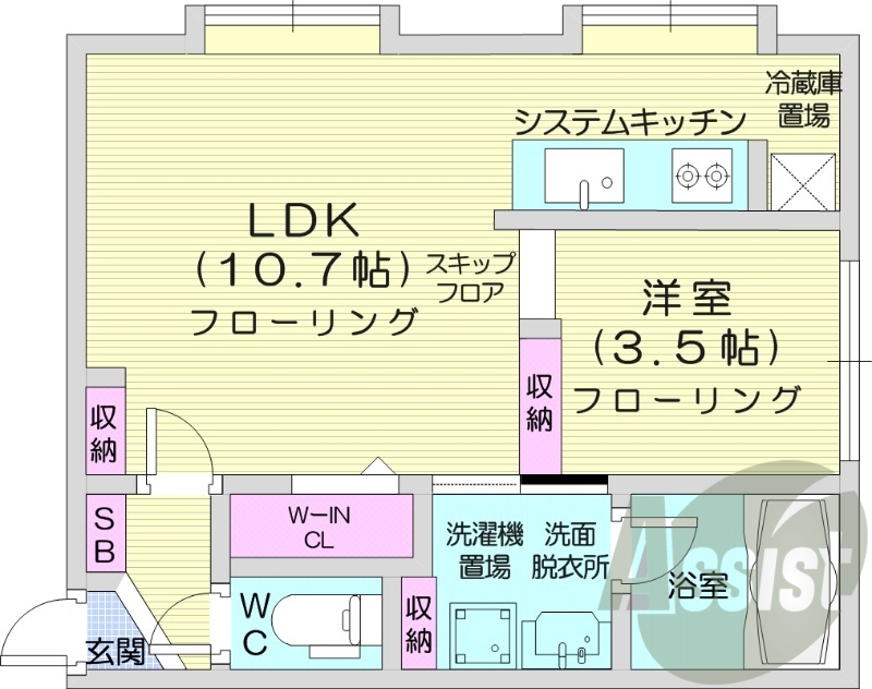 1LDK、都市ガス、角部屋、エアコン、ネット使用料無料
