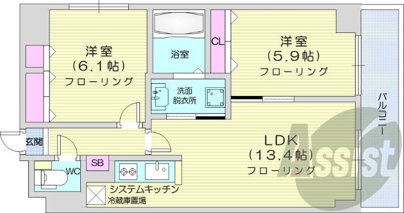 2LDK、システムキッチン、エアコン、シャンプードレッサー