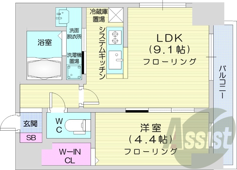 1LDK、都市ガス、システムキッチン、シャンプードレッサー