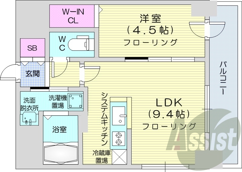 1LDK、都市ガス、システムキッチン、シャンプードレッサー