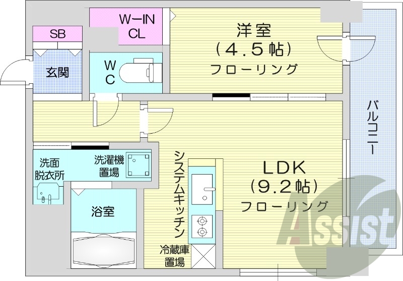 1LDK、都市ガス、システムキッチン、シャンプードレッサー