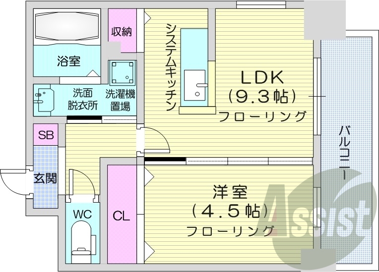 1LDK、都市ガス、システムキッチン、シャンプードレッサー