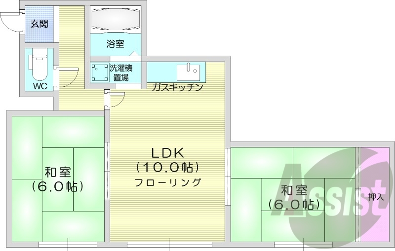 2LDK、収納、バストイレ別、洗濯機置場、ネット無料